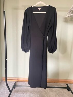 H&M Long Black Wrap Dress with Balloon Sleeves nursing friendly size M